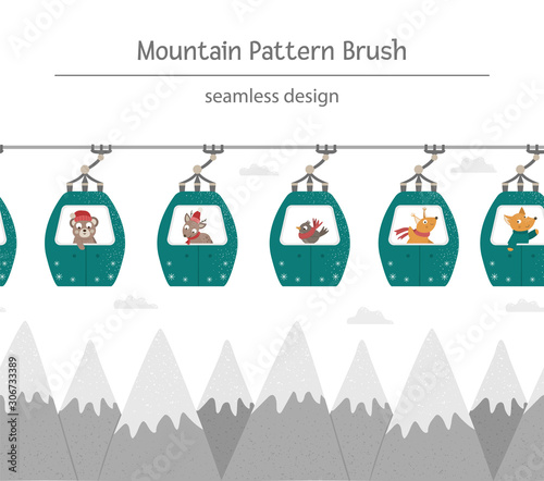 Vector seamless pattern brush with mountains and funicular cable cars with funny animals inside. Winter cute repeating background border. Illustration for kids.