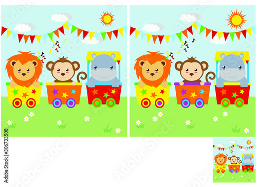 Children's puzzles, find 10 differences. Educational game for children. circus animals go by train