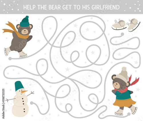 Winter maze for children. Preschool Christmas activity. New Year puzzle game with cute skating animal, skates, snowman. Help the bear get to his girlfriend..