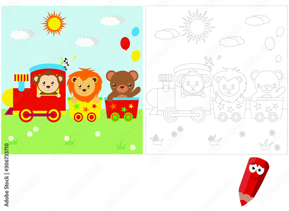 Fototapeta premium Kolorowanki dla dzieci. Puzzle dla dzieci. Gra edukacyjna dla dzieci. zwierzęta cyrkowe jeżdżą pociągiem