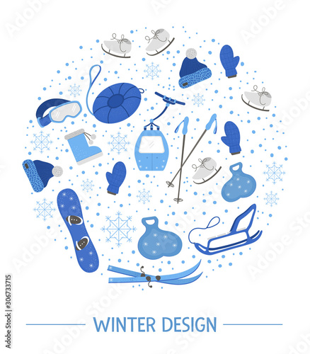 .Vector objects for active winter framed in circle. Cold season sport equipment round composition. Card design with items for spending holidays in mountains and snowflakes. .
