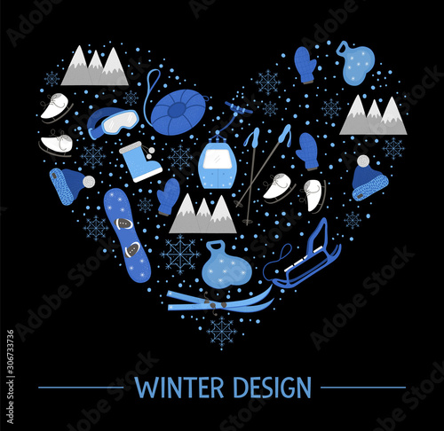 Vector objects for active winter framed in heart shape on black background. Cold season sport equipment composition. Card design with items for spending holidays in mountains and snowflakes. .