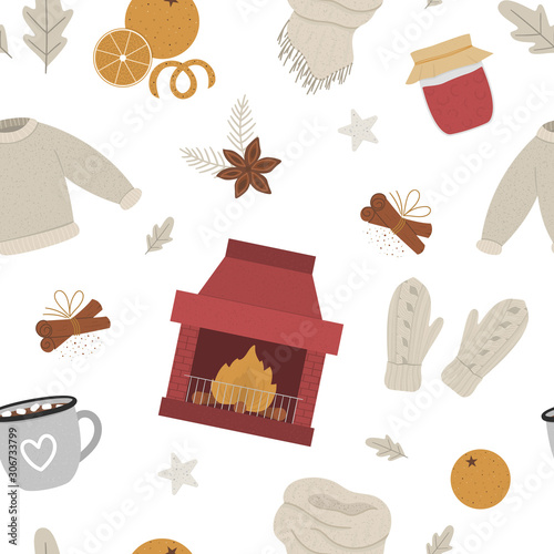 Vector cozy winter seamless pattern with chimney and fire. Warming objects background. Items for cold season. Texture with food, drinks, spices and clothes to warm up..