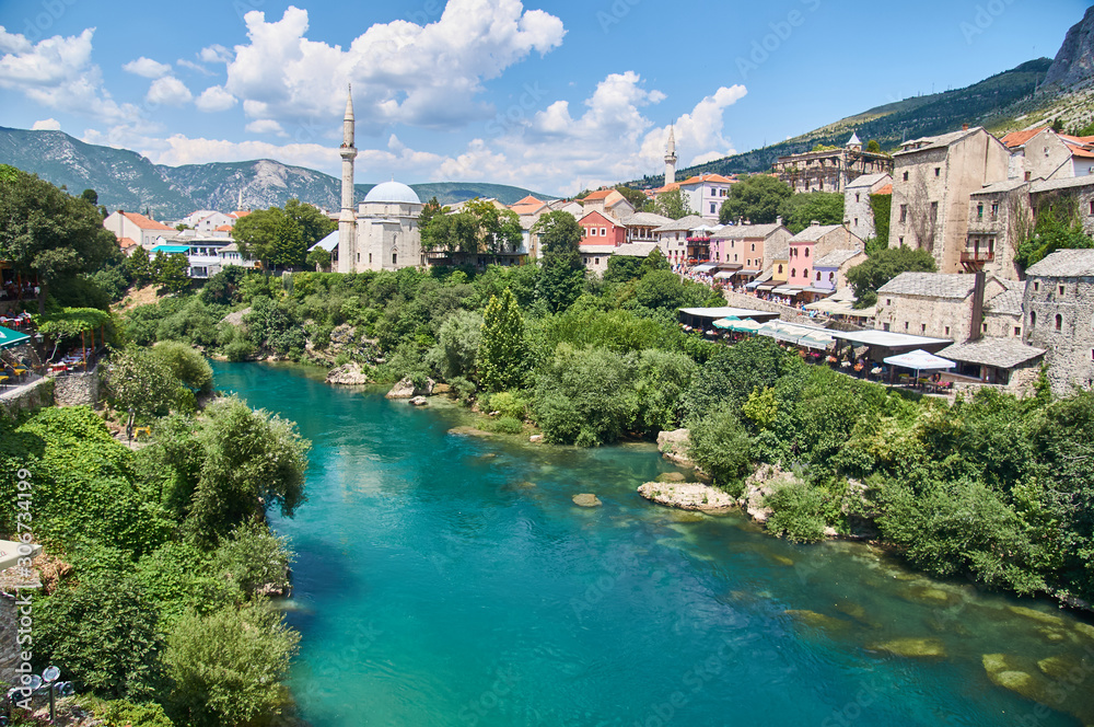 Panorama of the city of Mostar from the Old Bridge.