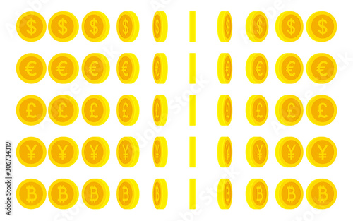 Set of rotating coins with popular currency symbols. Vector animation sprite sheet isolated on white background