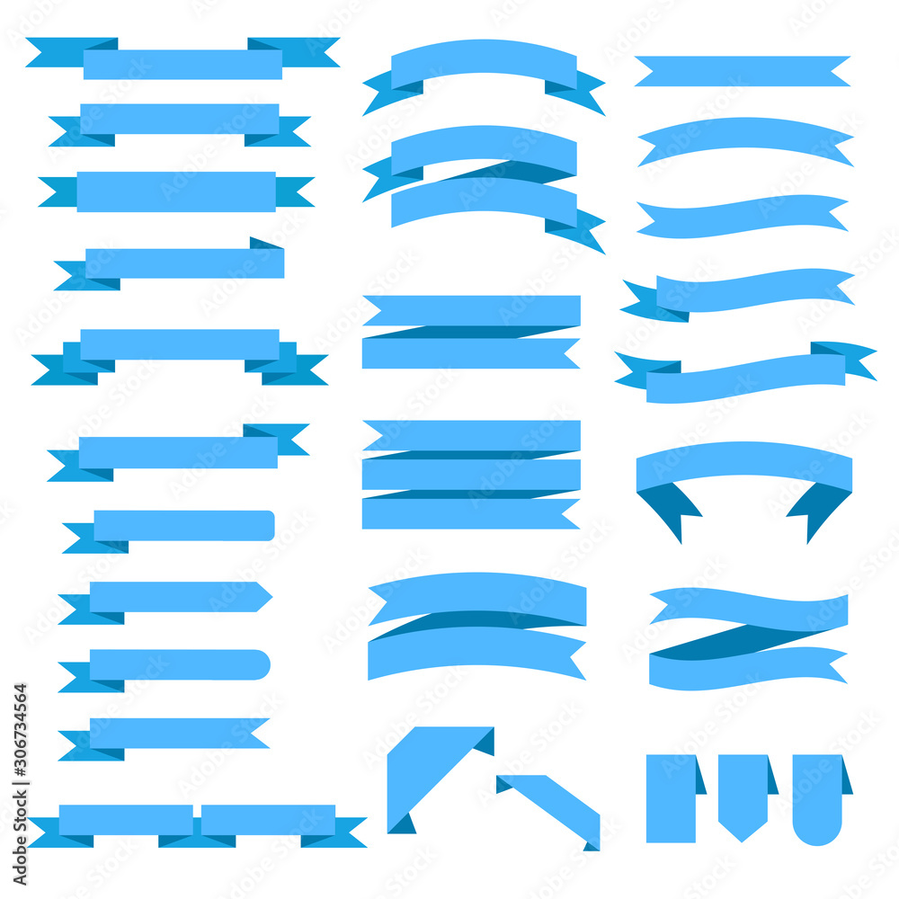 Set of flat tape banners for your design, many different blue ribbons on white, stock vector illustration Set of flat tape banners for your design, many different blue ribbons on white, stock vector illustration