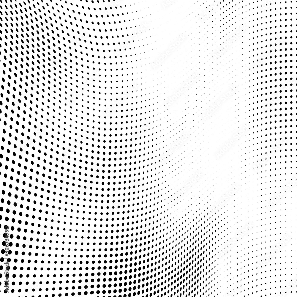 Fototapeta premium Abstract wave of halftone texture. Chaotic background of black dots on a white field. Template for printing on wrapping paper