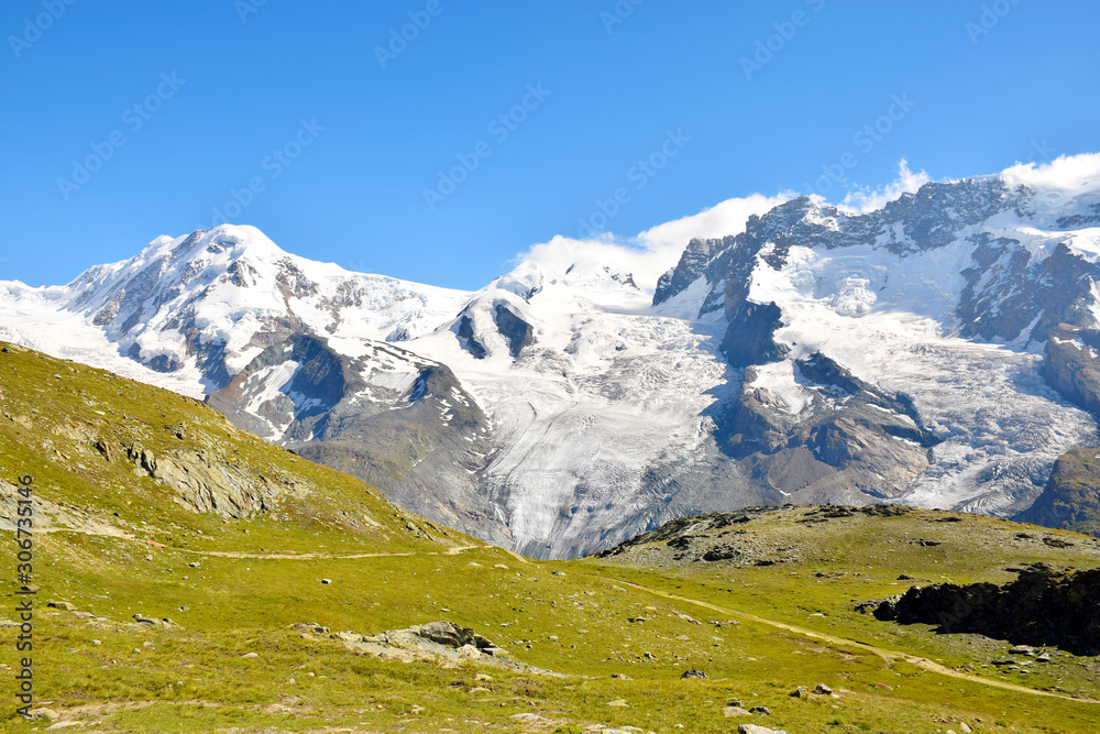 Wide view of the Gorner Glacier from the trail leading to the Riffelsee Lake, near the Gornergrat Ridge, Zermatt, Switzerland