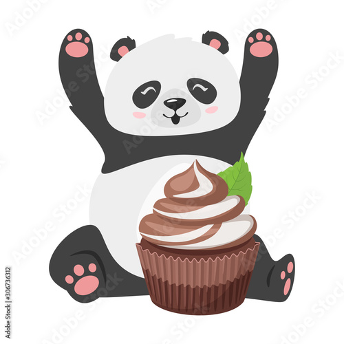 Cute panda with chocolate cupcake