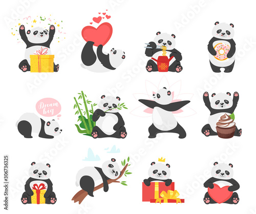 Cute pandas flat illustrations set