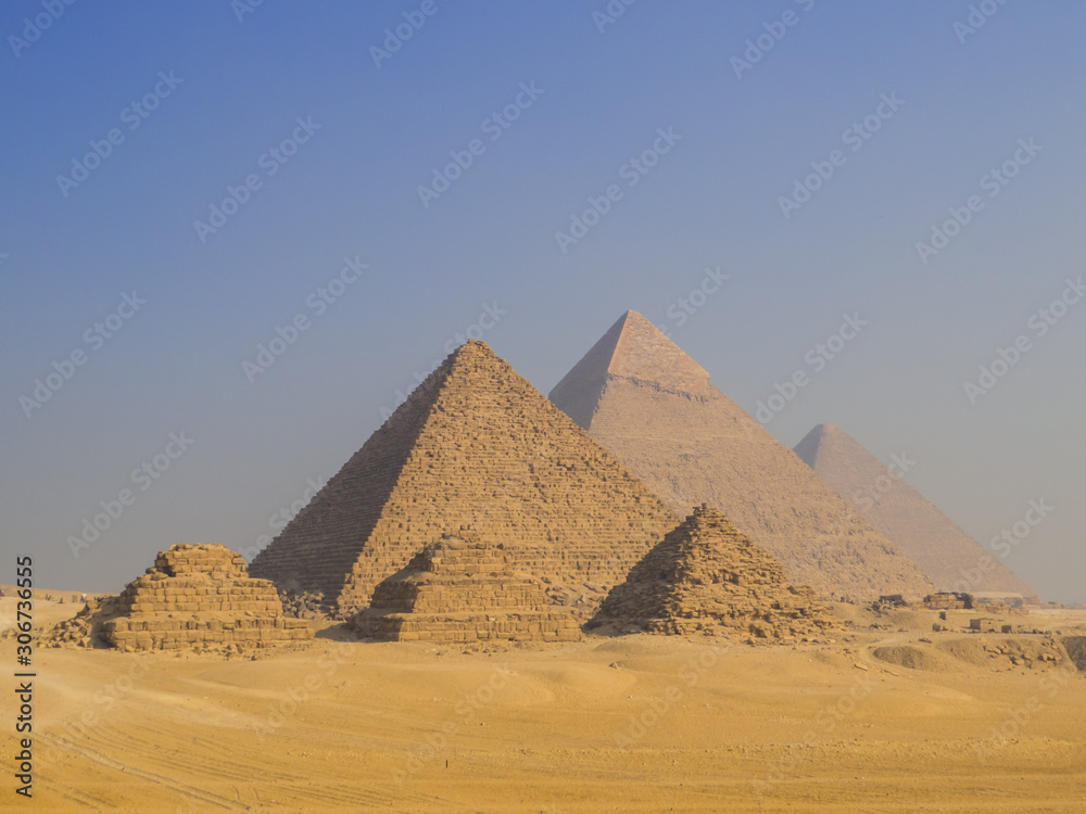 View of the Pyramids of Giza. In Cairo, Egypt