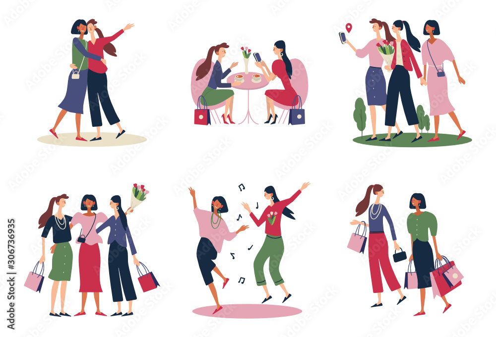 Women friends. Vector illustration set. Girlfriends spend time together, walking with friend. Women standing, dancing and friendship hugging. 