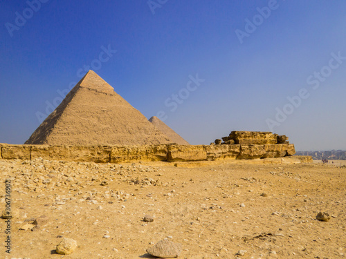 View of the Funerary Temple of Khafre and the Pyramids of Giza. In Cairo  Egypt