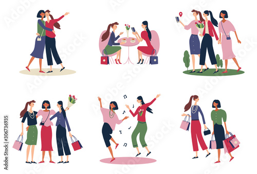 Women friends. Vector illustration set. Girlfriends spend time together  walking with friend. Women standing  dancing and friendship hugging. 