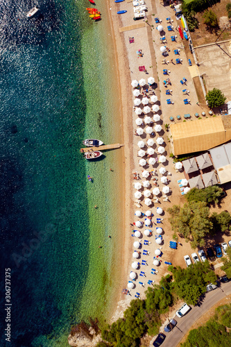 Aerial of paradise beach in mediterranean sea in Greece