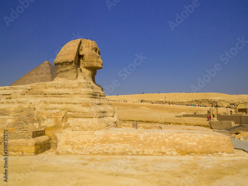 View of the Great Sphinx and the Great Pyramid of Giza. In Cairo  Egypt