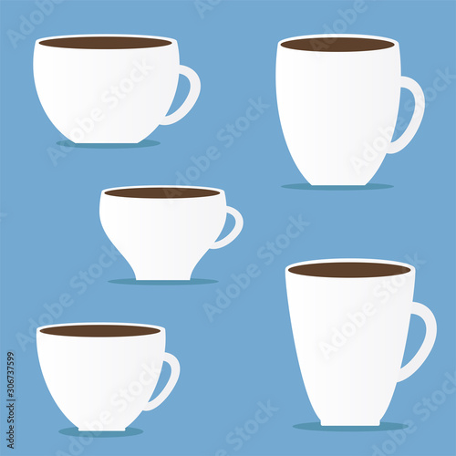 Set of different coffee cup mug on blue background Flat modern simply design, stock vector