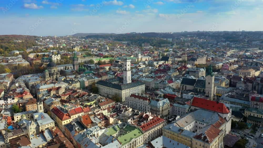 Aerial drone video of Lviv Old City center - roofs and streets, city hall Ratusha Aerial drone video of Lviv Old City center - roofs and streets, city hall Ratusha