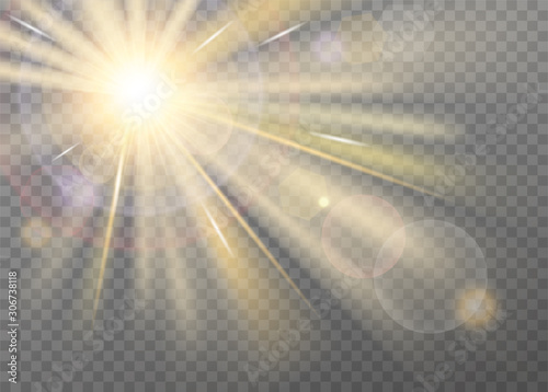 Shining sunlight blurred vector effect on transparent background. Front light warm radiance with lens glare, with radial purple halo and straight yellow stellar rays. Searchlight or spotlight decor
