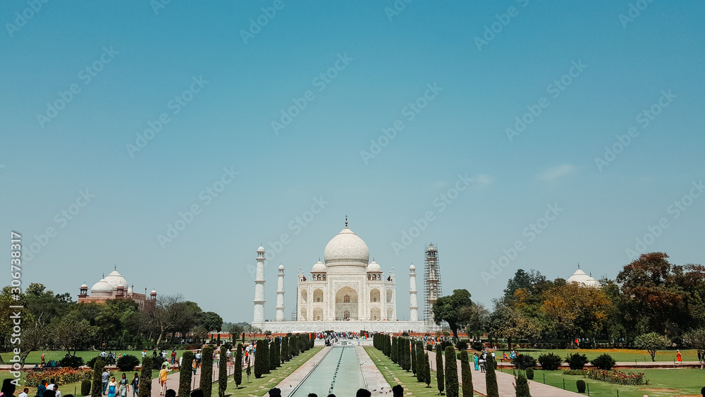 View of the Taj Mahal against the clear blue sky at Agra, Uttar Pradesh, India	