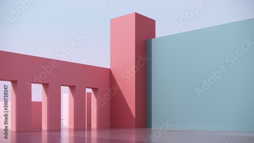Fototapeta Naklejka Na Ścianę i Meble -  Architectural,conceptual composition on  bright pink background with stairs - 3d, render. Simple, stylish, popular architectural illustration for advertising, business, presentations, wallpapers.