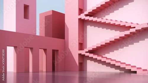 Architectural conceptual composition on  bright pink background with stairs - 3d  render. Simple  stylish  popular architectural illustration for advertising  business  presentations  wallpapers.