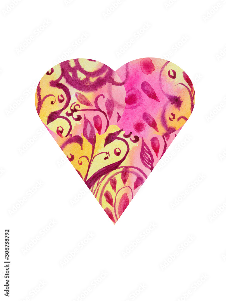 Watercolor pink and yellow heart with floral patterns on a white background