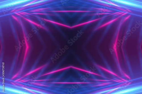 Dark abstract futuristic background. Neon lines glow. Neon lines, shapes. Multi-colored glow, blurry lights, bokeh. Empty stage background