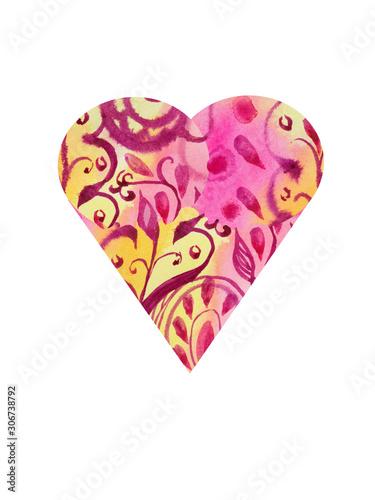 Watercolor pink and yellow heart with floral patterns on a white background
