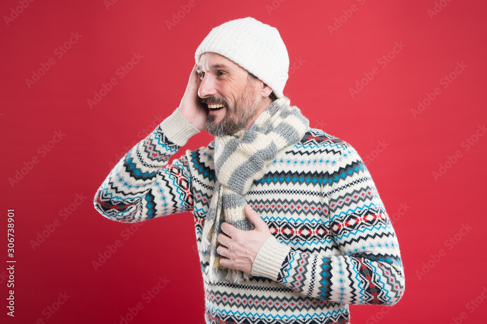 Stay warm during winter with fashion accessories. Happy man in casual fashion wear red background. Mature male style and fashion. Fashion trends for cold weather Stay warm during winter with fashion accessories. Happy man in casual fashion wear red background. Mature male style and fashion. Fashion trends for cold weather