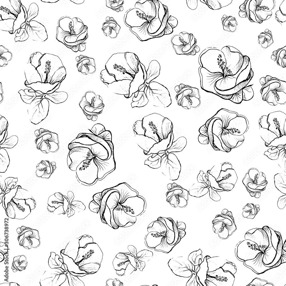 Flowers hand drawing seamless vector pattern. Outline sketch. Monochrome repeat background for wrapping paper, invitations, fabric, print, greeting cards decor. Black and white