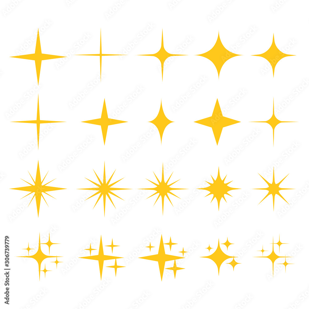 Yellow sparkling stars, shiny flashes of fireworks. Set of star elements with various glowing light effects