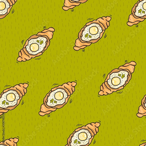 Green bright pattern with khachapuri fast food for printing on the menu and design of a restaurant or eatery. Vintage repeating doodle pattern with egg and dough.