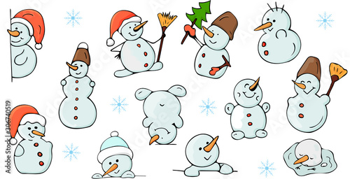 Set of snowmen in various poses. Christmas, New Year. Vector
