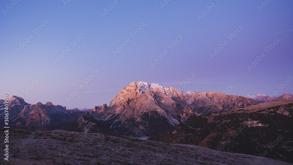 Dolomites, Italy, autumn sunrise mountain landscape