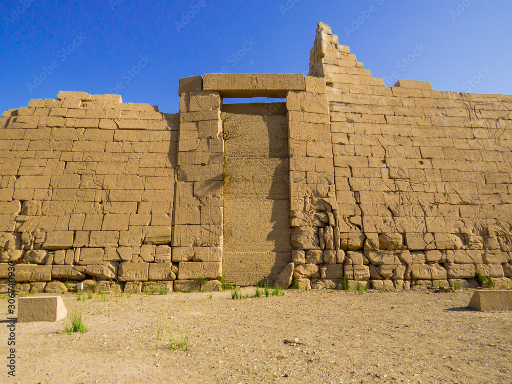 Ancient wall in the Ramesseum Temple in Luxor, Egypt
