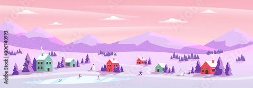 Panoramic vector illustration of winter wonderland. The cute small village in Christmas day with snow. Kids playing outside with snowman and snowball.Minimal winter landscape