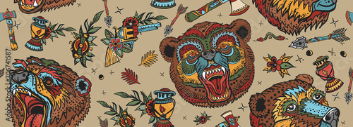 Bear head seamless pattern. Old school tattoo style. Aggressive grizzly, kerosene lamp, flowers and guns. Outdoor background