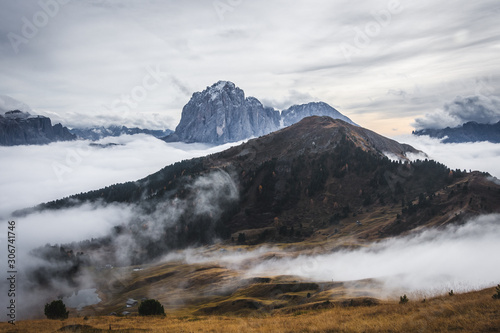 Puez-Geisler Nature Park in autumn with inversion clouds, Dolomites Italy