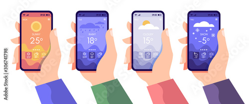 Hands holding smartphone with weather app, cloudy, rainy and sunny day concept, touchscreen device with different seasons and daily temperature, vector flat illustration for websites and banners desig photo