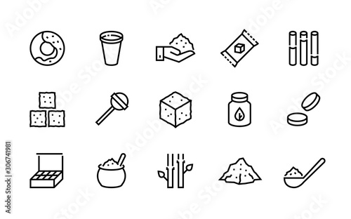 Sugar line icon. Candies and coffee sweeteners, sugar in cubes bags and packages, cane and stevia organic sugar symbols. Vector shapes image pictograms sugaring products set photo