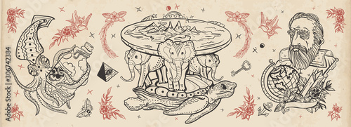 Flat Earth theory. Traditional tattooing style. Turtle and three elephants. Octopus kraken and Galileo scientist. Old school tattoo vector collection