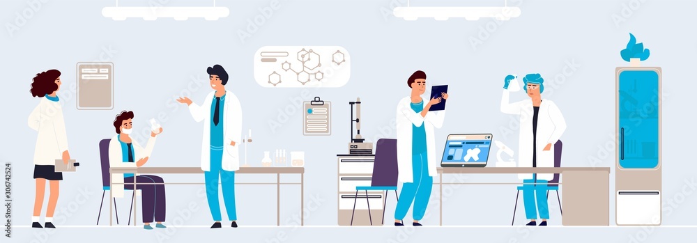Scientific research. Cartoon people in lab doing analysis and experiment, hand drawn lab interior and equipment. Vector background isometric doctor in white coats working on professionals equipment Scientific research. Cartoon people in lab doing analysis and experiment, hand drawn lab interior and equipment. Vector background isometric doctor in white coats working on professionals equipment