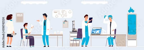 Scientific research. Cartoon people in lab doing analysis and experiment, hand drawn lab interior and equipment. Vector background isometric doctor in white coats working on professionals equipment