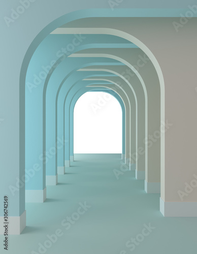 Fototapeta Naklejka Na Ścianę i Meble -  3d rendering of empty corridor with doors. Arches experiment. Mock up