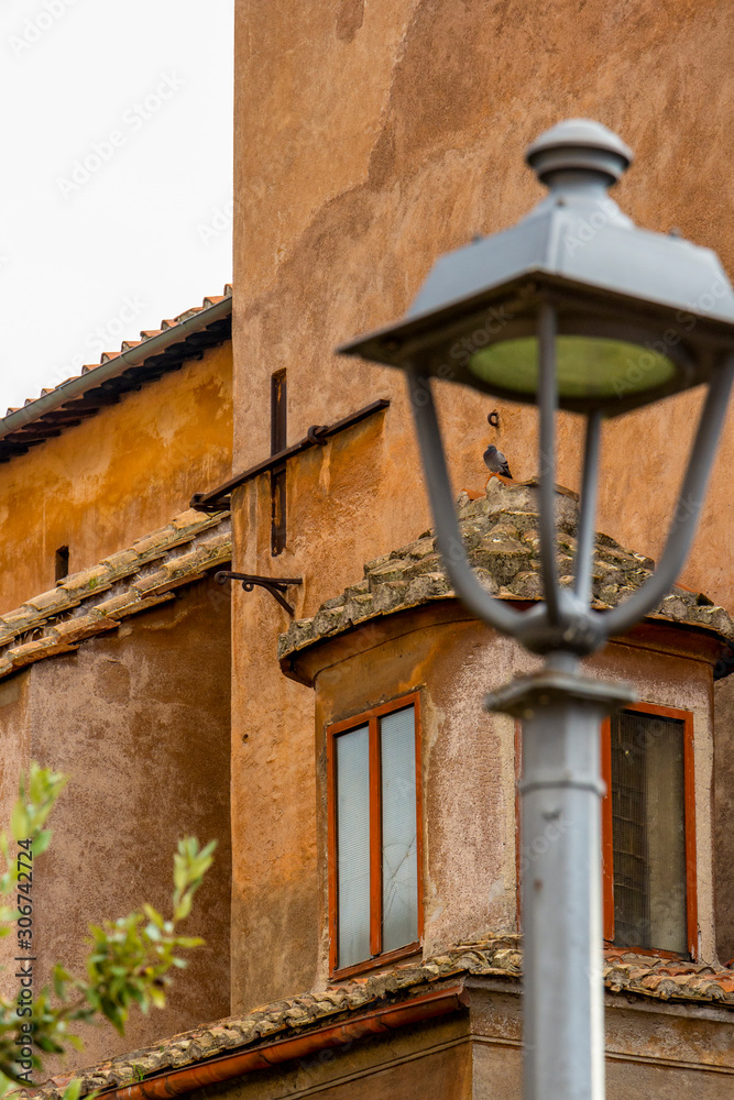 Pigeon on the building of the Basilica of Santi Bonifacio ed Alessio in Rome, Lazio Region, Italy, blurred street lamp in the foreground Pigeon on the building of the Basilica of Santi Bonifacio ed Alessio in Rome, Lazio Region, Italy, blurred street lamp in the foreground