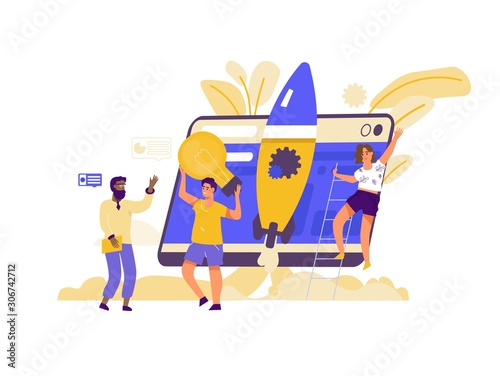 Startup concept. Cartoon business characters on project development and product lunch. Vector isolated drawing illustrations marketing strategy template with business concept creative ideas