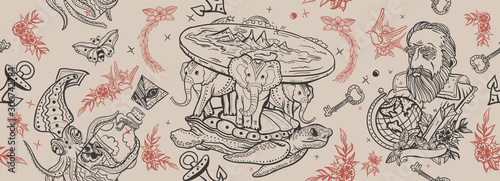 Flat Earth theory. Vintage art. Seamless pattern. Turtle and three elephants. Octopus kraken and Galileo scientist. Traditional old school tattoo style