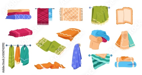 Bath towels. Beach and spa soft cotton towels in stack and rolled, hygiene and kitchen textile clothing for hands. Vector set colorful towel collection in stack or hanging on hangers photo