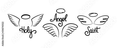 Doodle wings logo. Pair of hand drawn angel wings with decorative text and halo, heavenly religious line emblems. Vector set illustration doodles divine holy symbol on white background